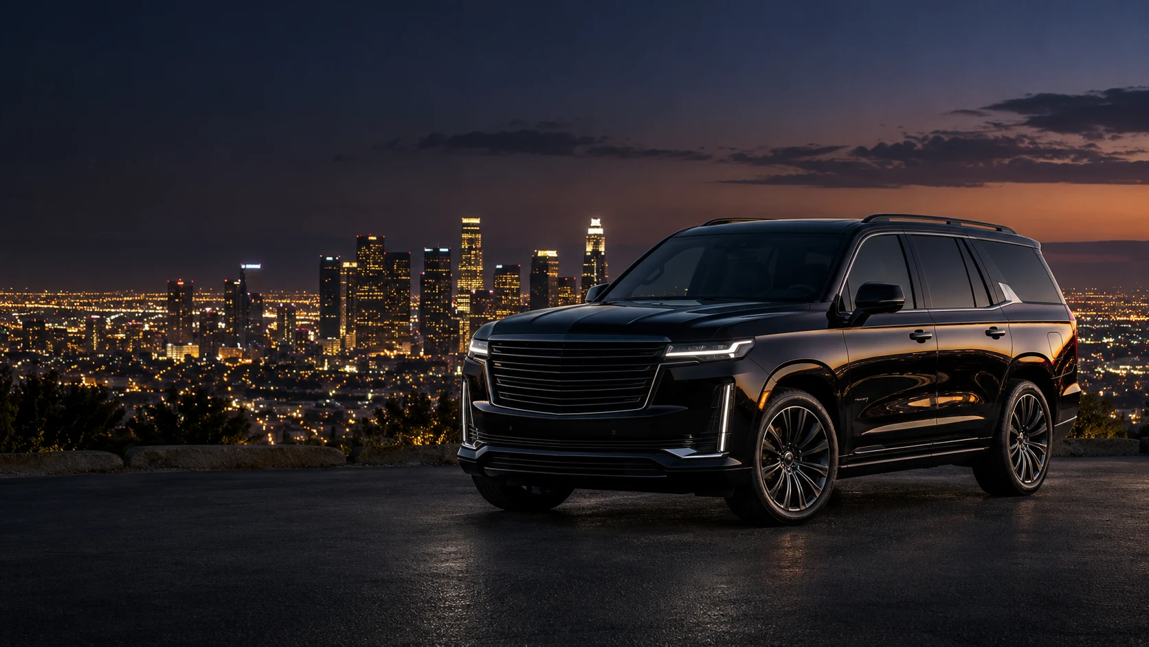 Illustrative black executive SUV against the Downtown Los Angeles skyline